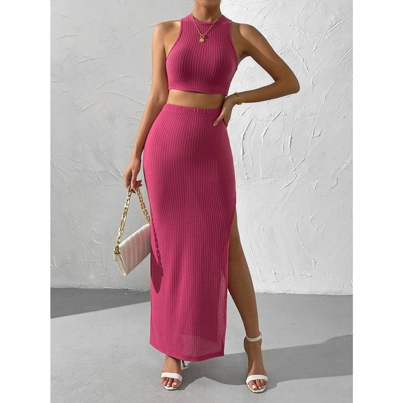 2 piece skirt set: Waffle Knit Crop Top & Split Thigh maxi Skirt - Picture 8 of 11